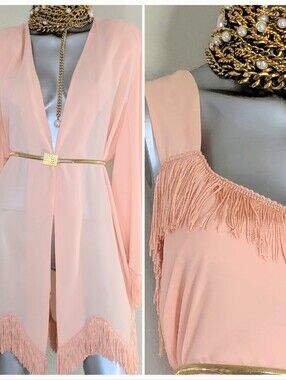 VINTAGE Wedding Flowey Feminine Chiffon Peach Fringe Grannycore Gadsby Two-Piece